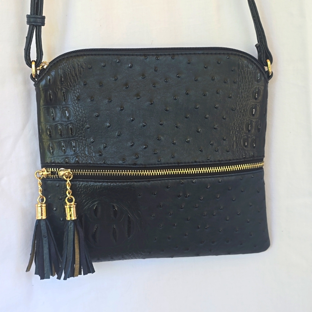 Womens Black/Navy Crossbody Bag Purse Animal Print Liner Tassel Zipper Closure